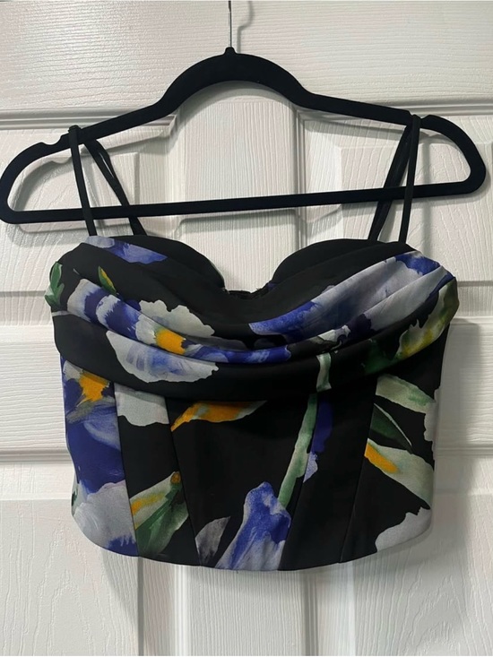 Dynamite Tops - Dynamite Black Floral Bustier Crop Top with Blue & Yellow Accents